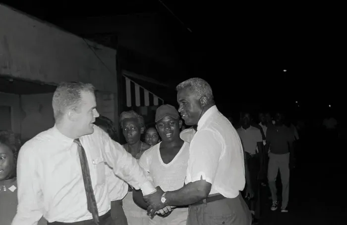 Framed Print : Jackie Robinson Shaking Hands with Demonstrator Framed Print : Jackie Robinson Shaking Hands with Demonstrator