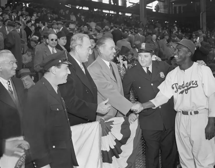 Framed Print : Jackie Robinson Shaking Mayor's Hand