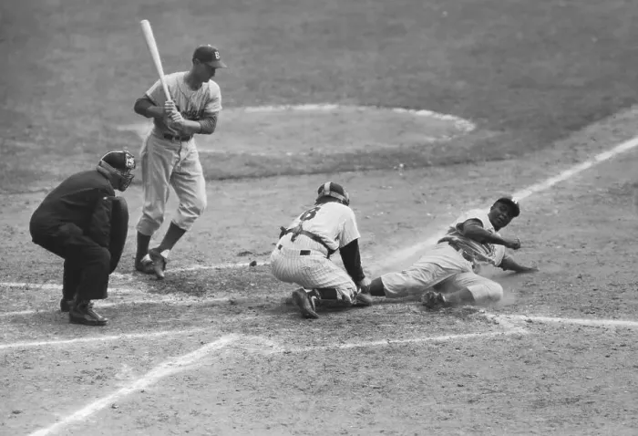 Framed Print : Jackie Robinson Sliding Home During 1955 World Series