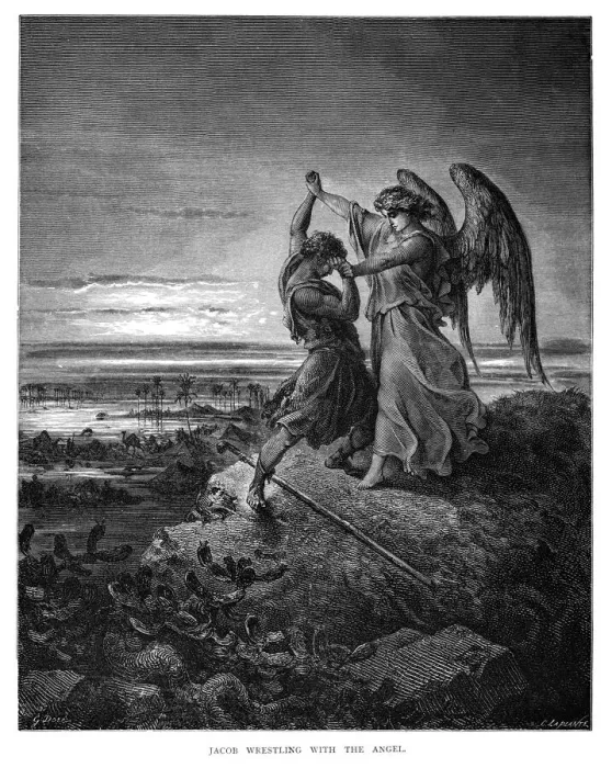Framed Print : Jacob wrestling with the angel engraving 1870 Framed Print : Jacob wrestling with the angel engraving 1870