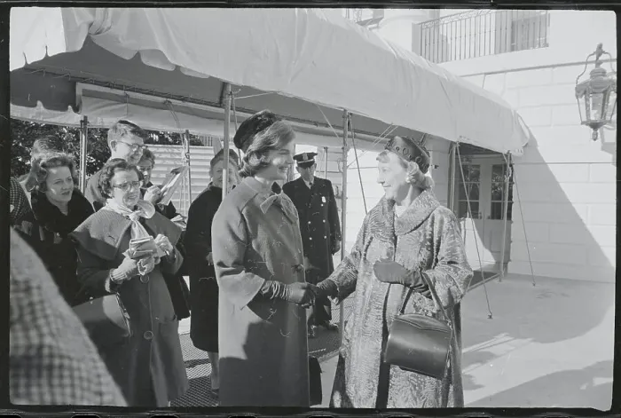 Framed Print : Jacqueline Kennedy Being Greeted by Mamie Eisenhower Framed Print : Jacqueline Kennedy Being Greeted by Mamie Eisenhower