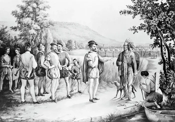 Framed Print : Jacques Cartier's First Meeting with Canadian Indians Framed Print : Jacques Cartier's First Meeting with Canadian Indians