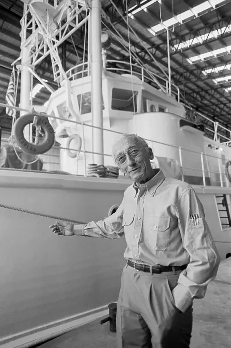 Framed Print : Jacques Cousteau Standing Next to the Calypso Framed Print : Jacques Cousteau Standing Next to the Calypso