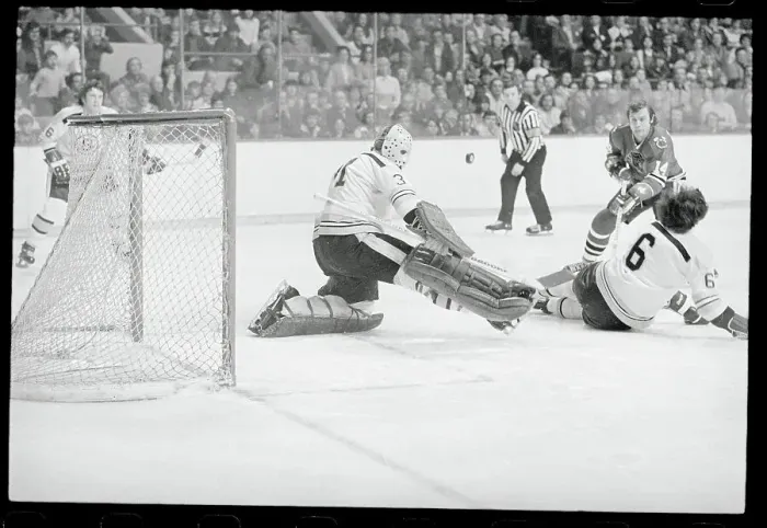 Framed Print : Jacques Plante Blocking a Shot
