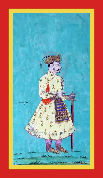 Framed Print : Jahangir stands wearing a flower-patterned yellow tunic, bejeweled Framed Print : Jahangir stands wearing a flower-patterned yellow tunic, bejeweled