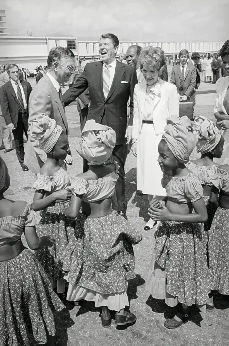 Framed Print : Jamaican Dancers Greeting President and Nancy Reagan