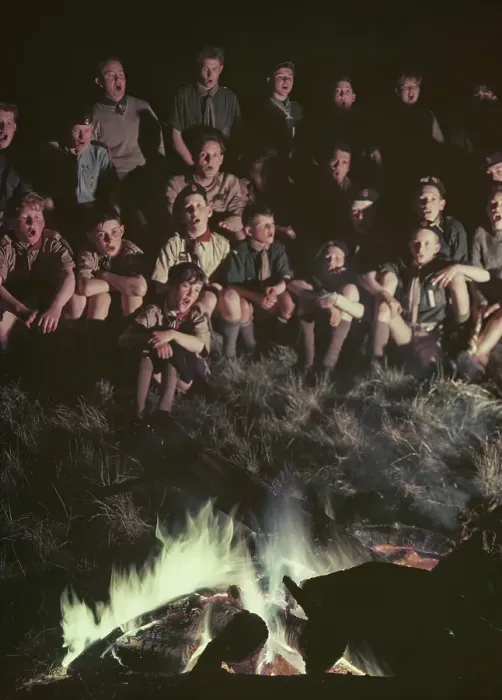 Framed Print : Jamboree. Scouts singing round the campfire, UK, 1957 Framed Print : Jamboree. Scouts singing round the campfire, UK, 1957