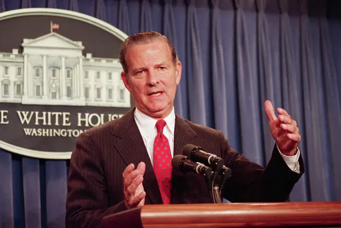 Framed Print : James Baker Speaking at Press Conference Framed Print : James Baker Speaking at Press Conference