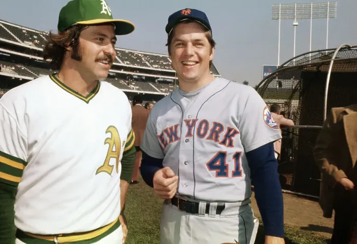 Framed Print : James Catfish Hunter and Tom Seaver on Baseball Field