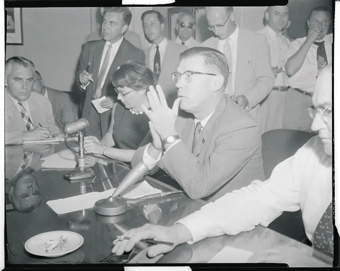 Framed Print : James Hagerty Speaking at a Press Conference