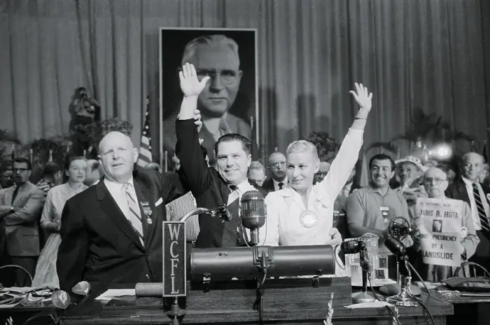 Framed Print : James Hoffa and Wife with Arms Raised Framed Print : James Hoffa and Wife with Arms Raised
