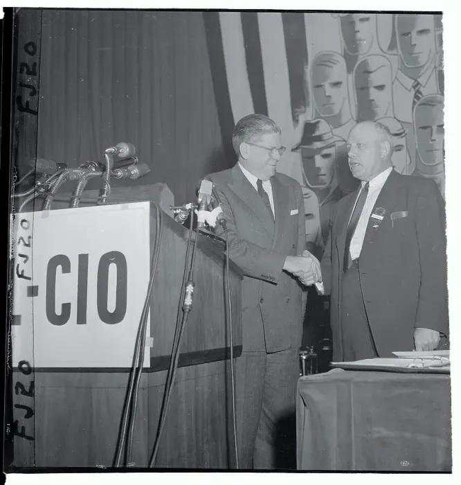 Framed Print : James Mitchell Shaking Hands with George Meany Framed Print : James Mitchell Shaking Hands with George Meany
