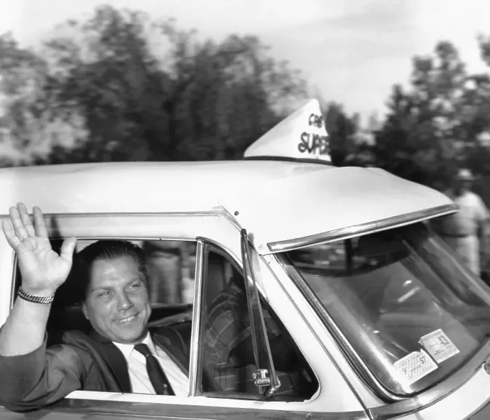 Framed Print : James R. Hoffa Waving from Taxi Framed Print : James R. Hoffa Waving from Taxi
