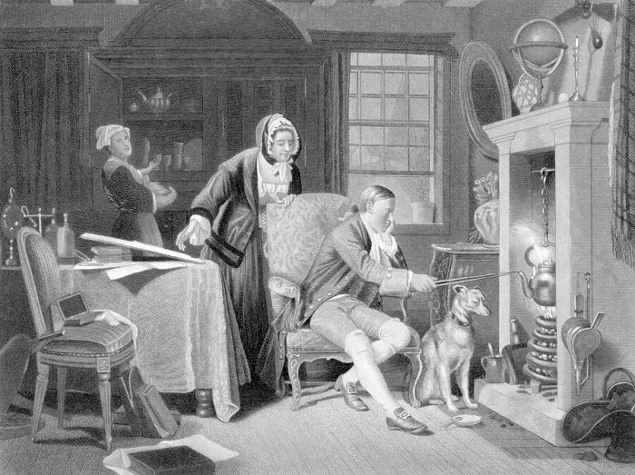 Framed Print : James Watt Illus.;Seated At Fireplace, Dog Framed Print : James Watt Illus.;Seated At Fireplace, Dog