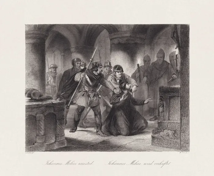 Framed Print : Jan Milič arrested, painted by August Loffler, steel engraving, published c.1850 Framed Print : Jan Milič arrested, painted by August Loffler, steel engraving, published c.1850