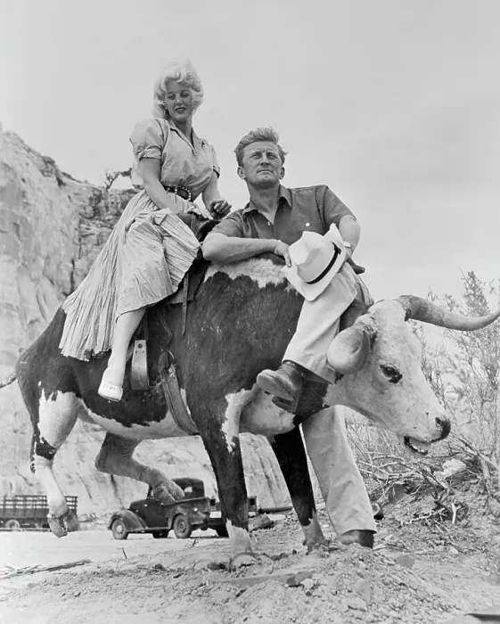 Framed Print : Jan Sterling Sitting on Oxen with Kirk Douglas Alongside Framed Print : Jan Sterling Sitting on Oxen with Kirk Douglas Alongside