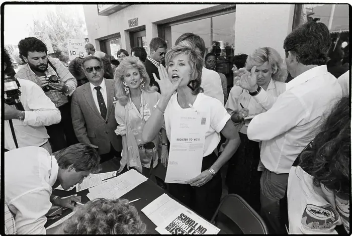 Framed Print : Jane Fonda with Morgan Fairchild Voting Drive Framed Print : Jane Fonda with Morgan Fairchild Voting Drive