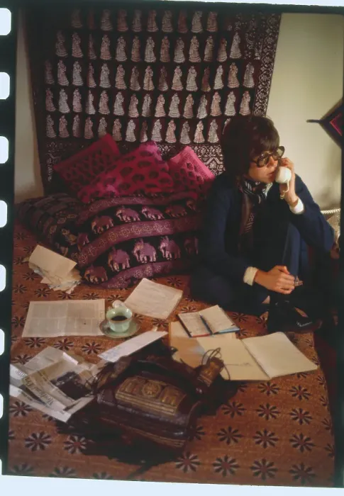 Framed Print : Jane Fonda Talking on Phone in Her Bedroom Framed Print : Jane Fonda Talking on Phone in Her Bedroom