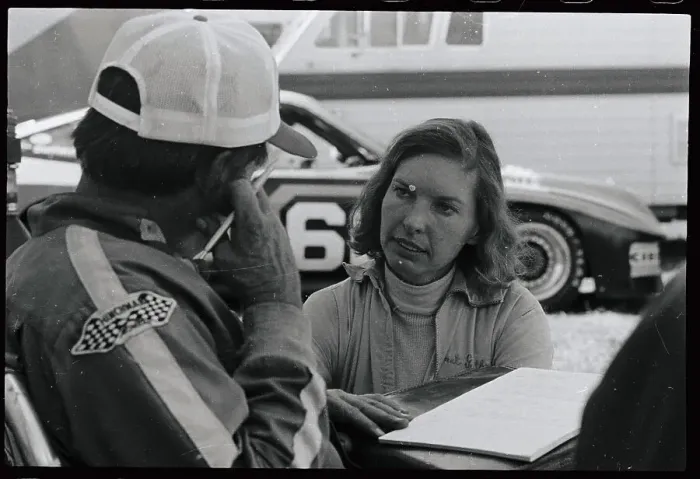 Framed Print : Janet Guthrie Talking with Car Owner Framed Print : Janet Guthrie Talking with Car Owner