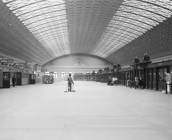Framed Print : Janitor Stands In Deserted Union Station Framed Print : Janitor Stands In Deserted Union Station
