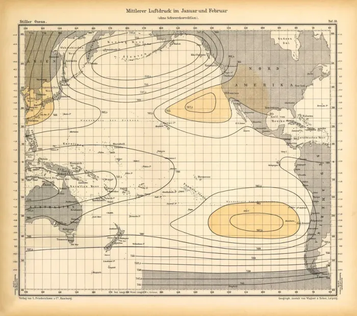 Framed Print : January and February Air Pressure Chart, Pacific Ocean, German Antique Victorian Engraving, 1896 Framed Print : January and February Air Pressure Chart, Pacific Ocean, German Antique Victorian Engraving, 1896