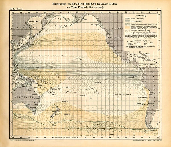 January to March Ocean Currents for and Drift Products, Pacific Ocean, German Antique Victorian Engraving, 1896