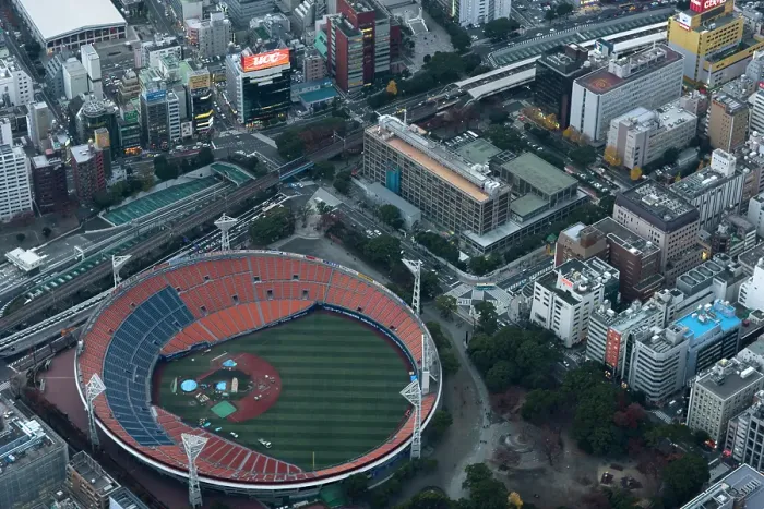 Framed Print : Japan, Yokohama, Kanagawa, Cityscape and Yokohama stadium, aerial view Framed Print : Japan, Yokohama, Kanagawa, Cityscape and Yokohama stadium, aerial view