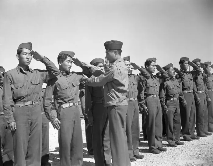 Framed Print : Japanese American Officer Instructing Trainees Framed Print : Japanese American Officer Instructing Trainees