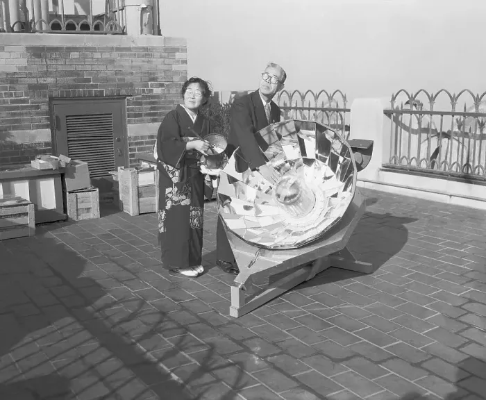 Framed Print : Japanese Couple Preparing to Cook Food with Solar Cooker