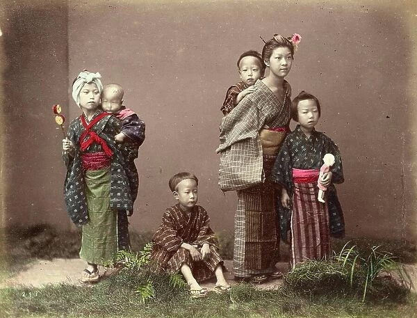 Japanese Family, Women and Children in Traditional Dress, c. 1870, Japan, Historic, digitally restored reproduction from an original of the period