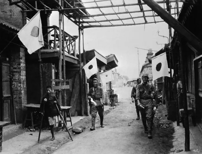 Framed Print : Japanese Flags Flying from Chinese Doorways Framed Print : Japanese Flags Flying from Chinese Doorways