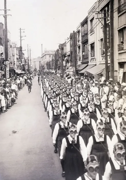 Framed Print : Japanese Girls March with Gas Masks Framed Print : Japanese Girls March with Gas Masks