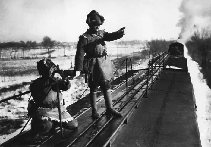 Framed Print : Japanese Guards Riding on Top of Train