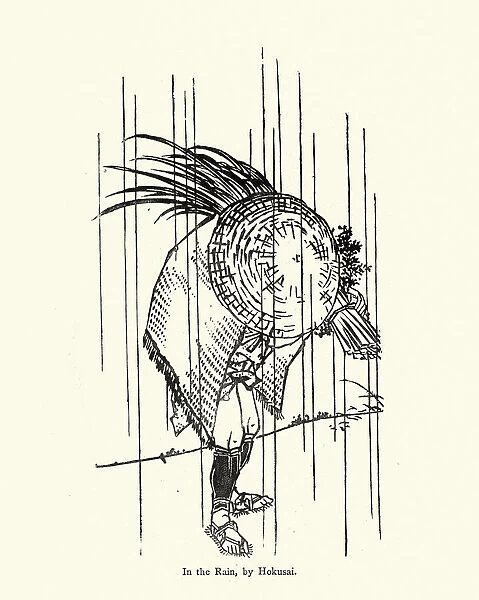 Japanese man harvestig in the rain, after Hokusai