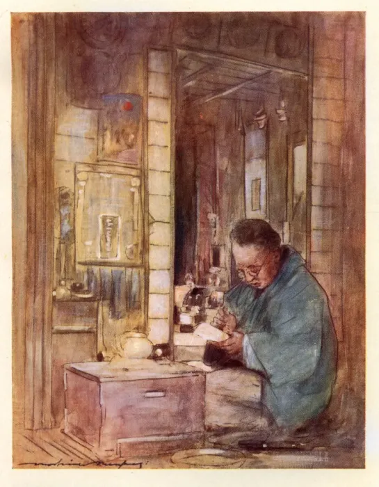 Framed Print : Japanese man kneeling reading letter, Art, Japan 19th Century