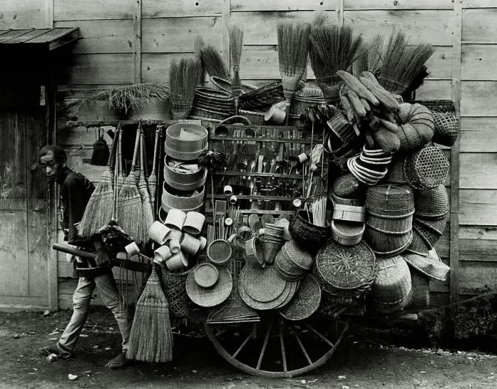 Framed Print : Japanese Man Pulling Cart With Hats Framed Print : Japanese Man Pulling Cart With Hats