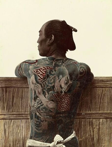 Japanese man with a tattoo on his back, Tattoo, c. 1880, Japan, Historical, digitally restored reproduction from an original of the period