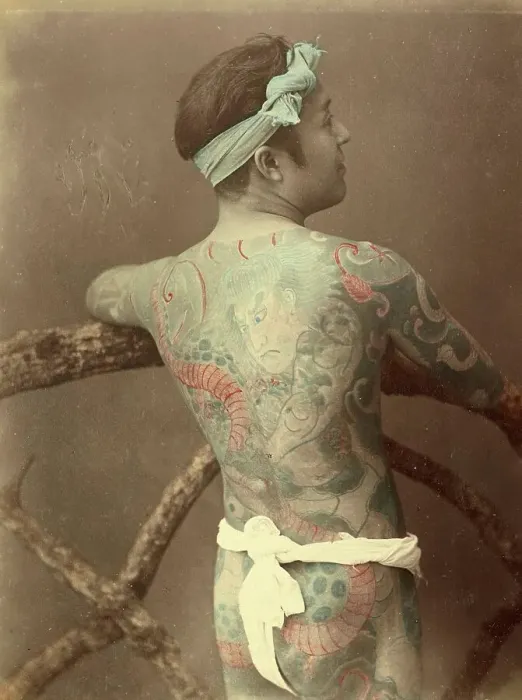 Framed Print : Japanese man with a tattoo on his back, Tattoo, c. 1880, Japan, Historical, digitally restored reproduction from an original of the period Framed Print : Japanese man with a tattoo on his back, Tattoo, c. 1880, Japan, Historical, digitally restored reproduction from an original of the period