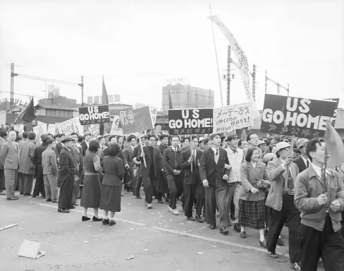 Framed Print : Japanese Marchers with US Go Home Signs Framed Print : Japanese Marchers with US Go Home Signs