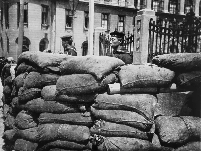 Framed Print : Japanese Marine Behind Barricade Framed Print : Japanese Marine Behind Barricade