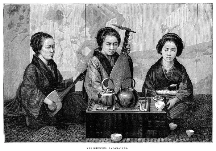 Framed Print : Japanese musicians engraving 1885 Framed Print : Japanese musicians engraving 1885
