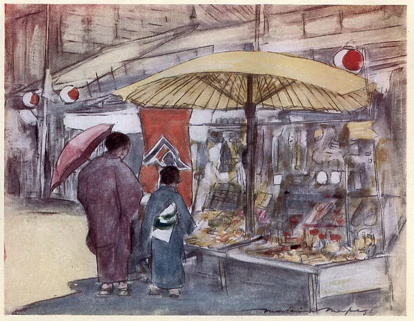 Japanese people in traditional dress shopping in street market, Art, Japan 19th Century