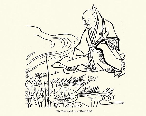 Japanese poet meditating by a river, 19th Century