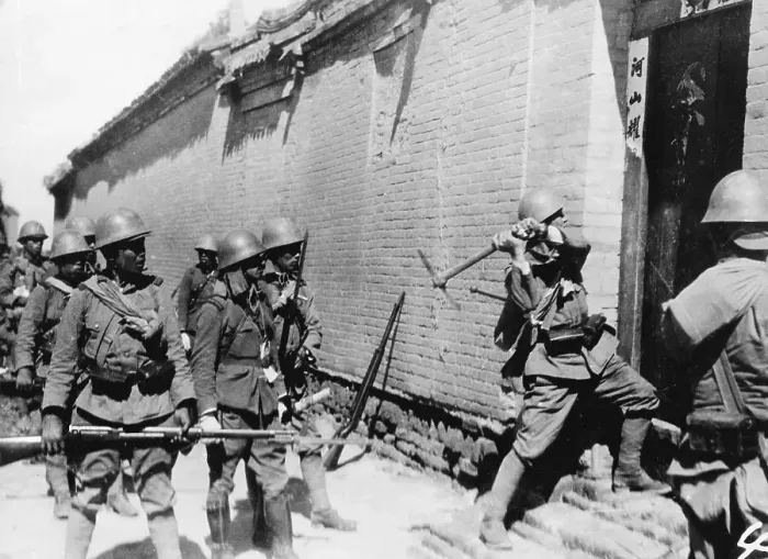 Framed Print : Japanese Soldiers at Chinese Residence with Guns and Ax Framed Print : Japanese Soldiers at Chinese Residence with Guns and Ax