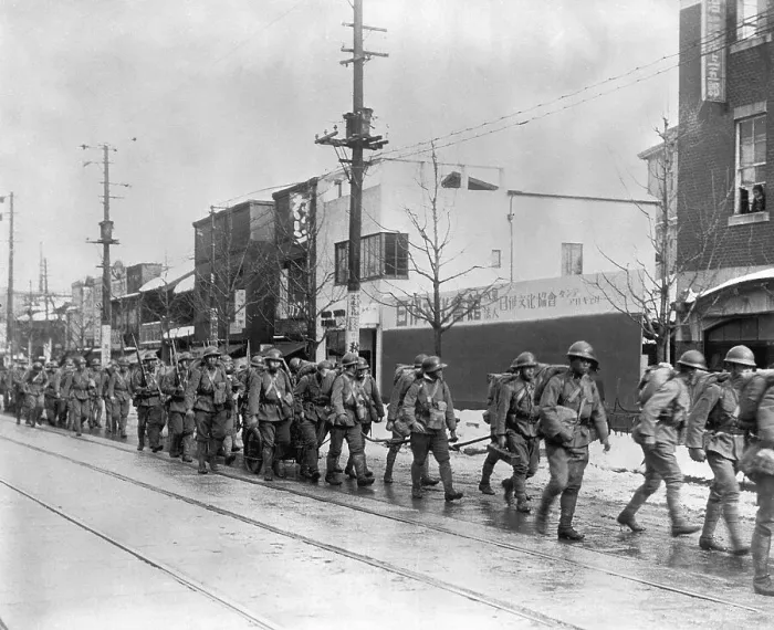 Framed Print : Japanese Soldiers Marching By Tramtracks Framed Print : Japanese Soldiers Marching By Tramtracks