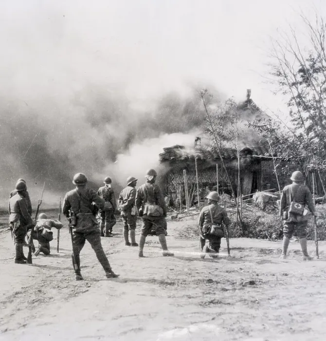 Framed Print : Japanese Soldiers Set Fire To Shack Framed Print : Japanese Soldiers Set Fire To Shack