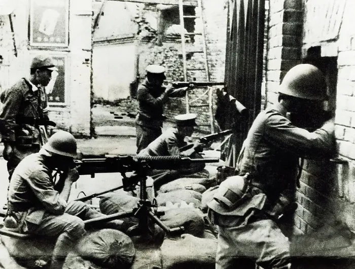 Framed Print : Japanese Soldiers Waiting with Guns Behind Wall Framed Print : Japanese Soldiers Waiting with Guns Behind Wall