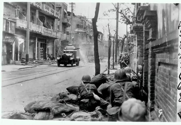 Framed Print : Japanese Tank Shooting at Buildings Framed Print : Japanese Tank Shooting at Buildings