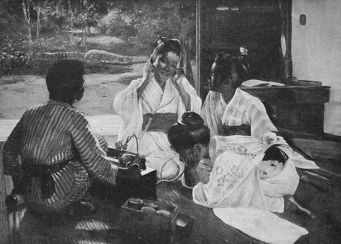 Framed Print : Japanese woman at the phonograph, an audio recorder for the acousto-mechanical recording and reproduction of sound with the aid of sound rollers, Japan, 1898, Historic, digital reproduction of an original 19th-century original, original date unknown