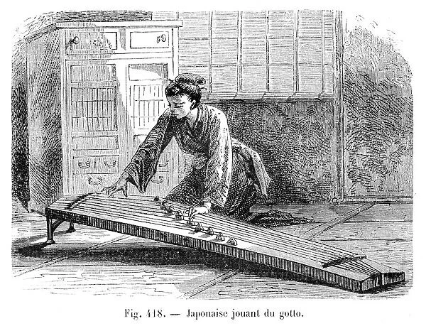 Japanese woman playing the koto engraving 1885